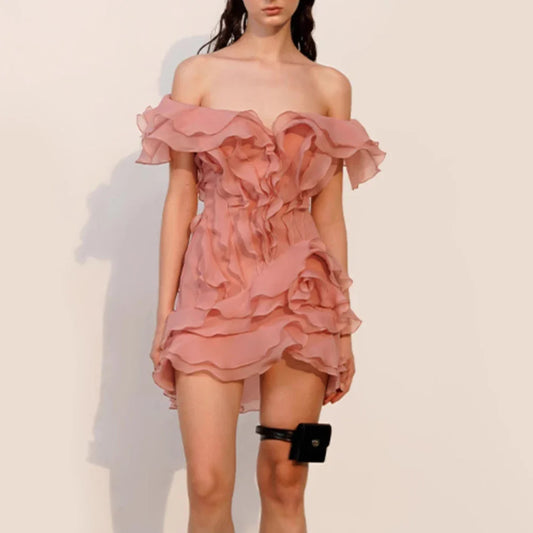 Slash Neck Ruffle Spliced Floral Dress