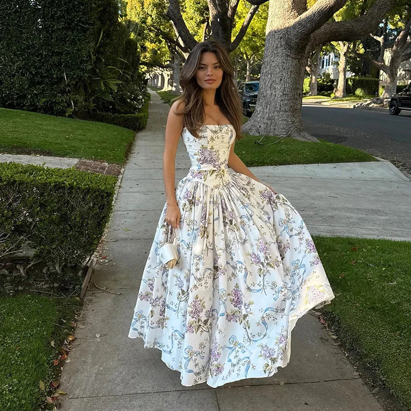 Pleated Print A-line Spaghetti Summer Dress