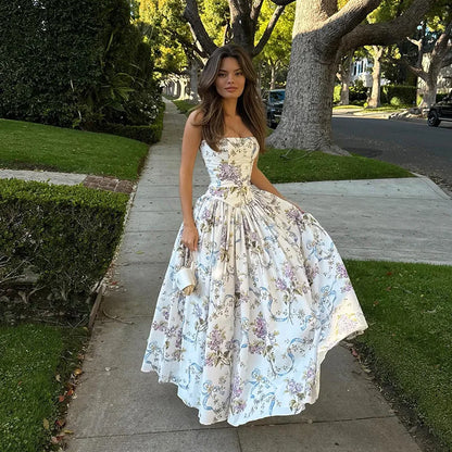 Pleated Print A-line Spaghetti Summer Dress