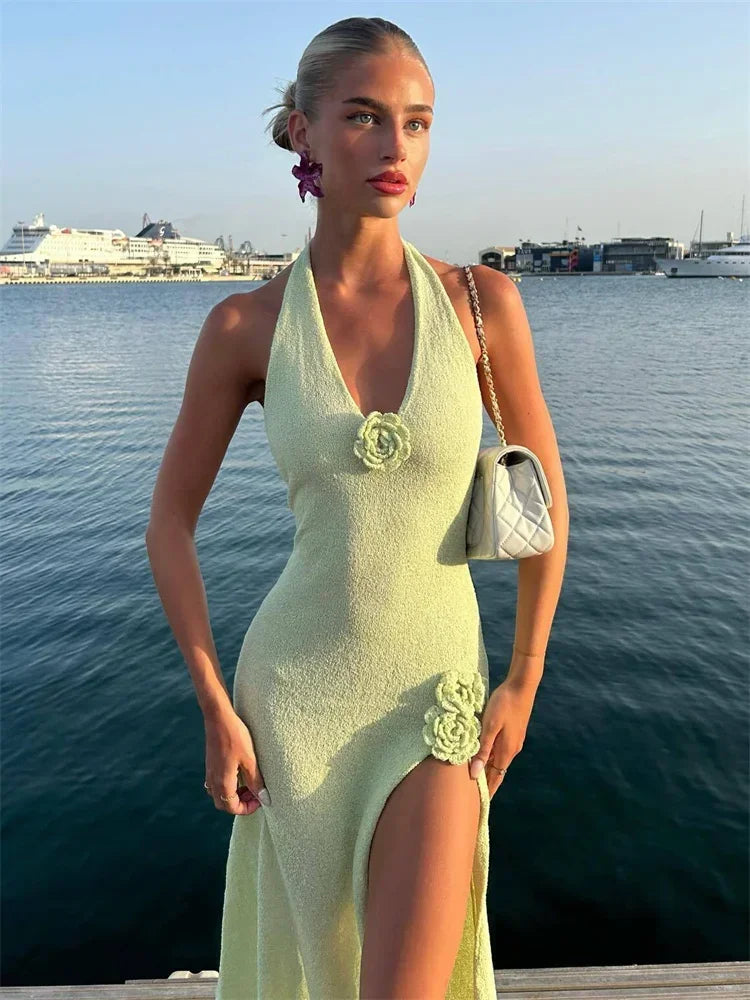 Knit V-neck Split Floral Dress