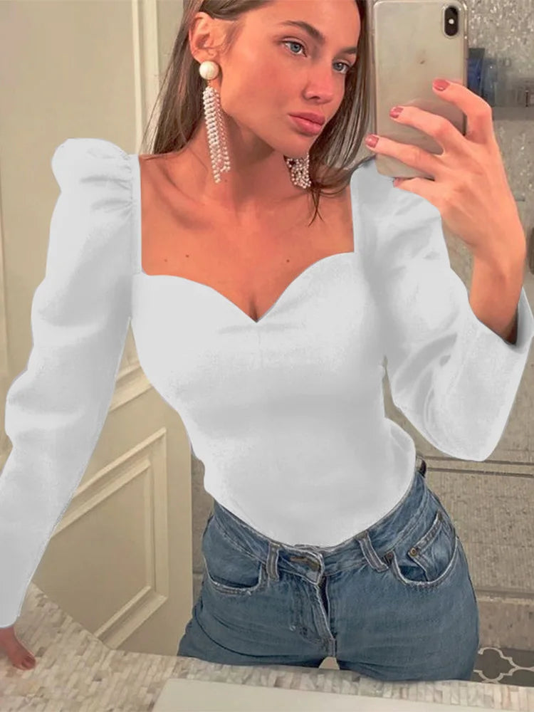 Korean Autumn Puff Sleeve Slim Blouse