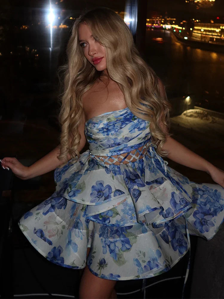 Single Shoulder Pleated Floral Dress