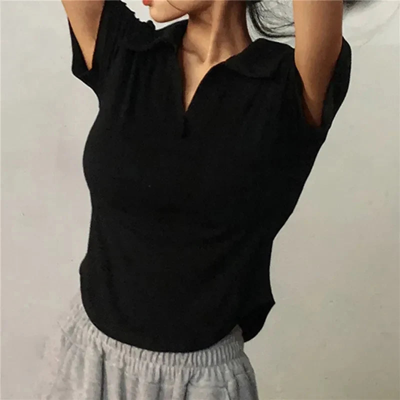 Solid V-Neck Lapel Retro Crop Top