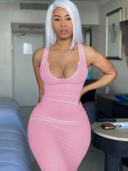 Ribbed Stripe Sleeveless V-neck Midi Dress