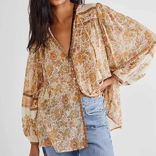 Super Chic Boho Floral Print V-neck Tassel Blouse