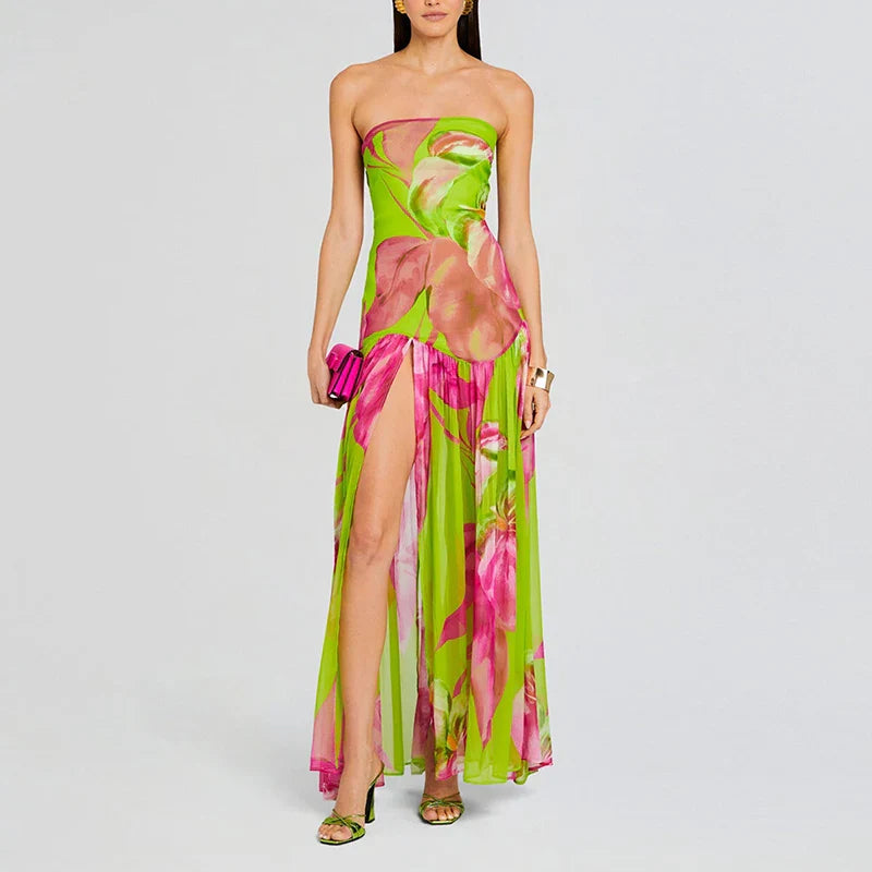 Printed Strapless Pleated Midi Dress