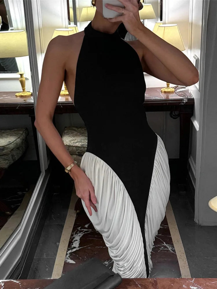 Patchwork Halter Backless Midi Dress