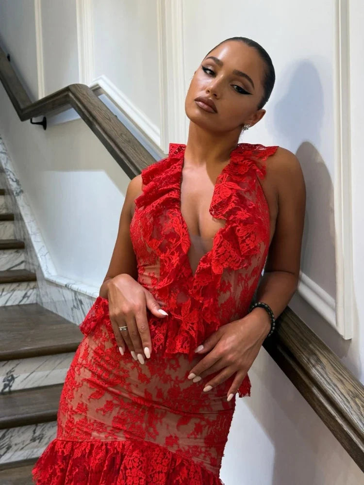 Halter Ruffles Floral Slim Midi Lace Dress