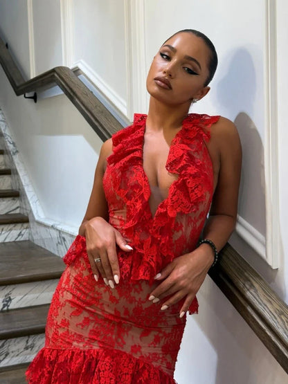 Halter Ruffles Floral Slim Midi Lace Dress