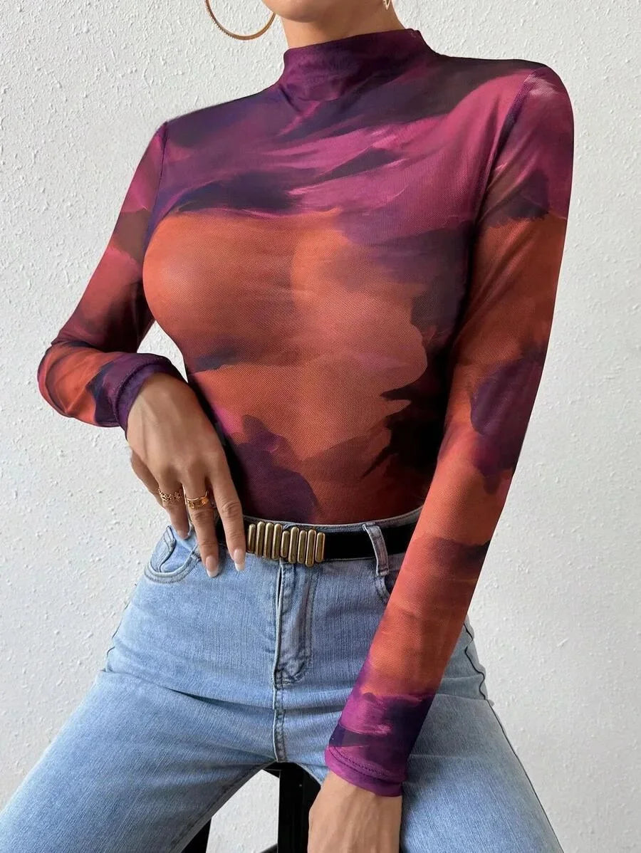 Gradient Patchwork Slim Fit Sheer Top