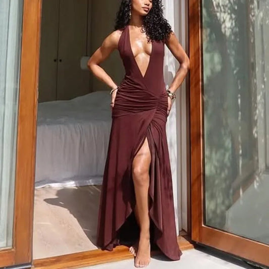 Brown Slit Deep V Prom Dress