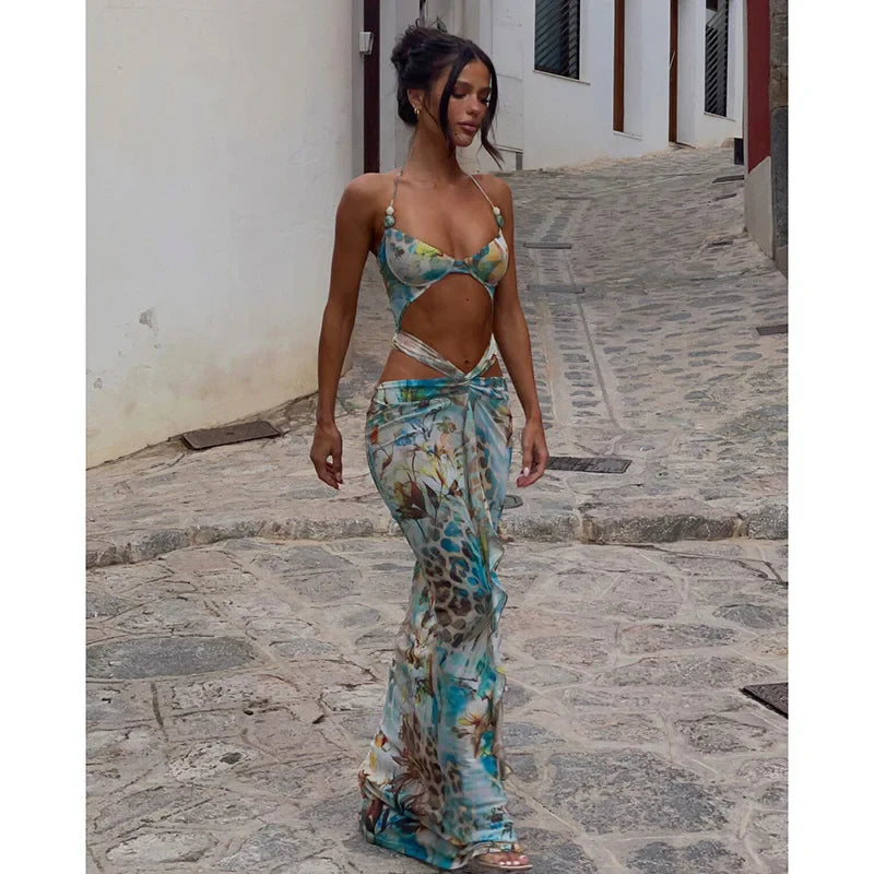 Leopard Print V Neck Maxi Midi Dress