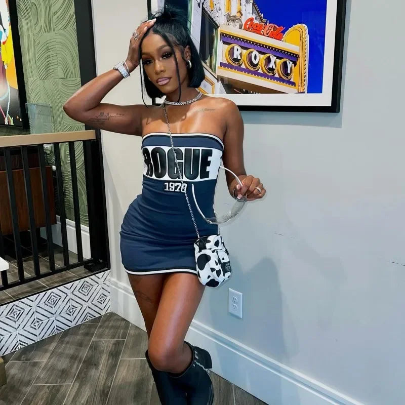 Letter Print Strapless Slim Party Dress