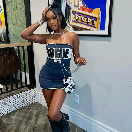 Letter Print Strapless Slim Party Dress