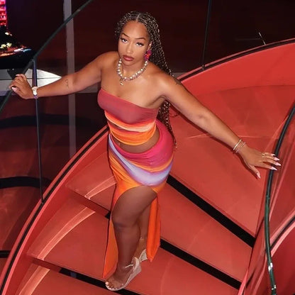 Colorful Cut Out Tube Top Split Three Piece Swim Sets