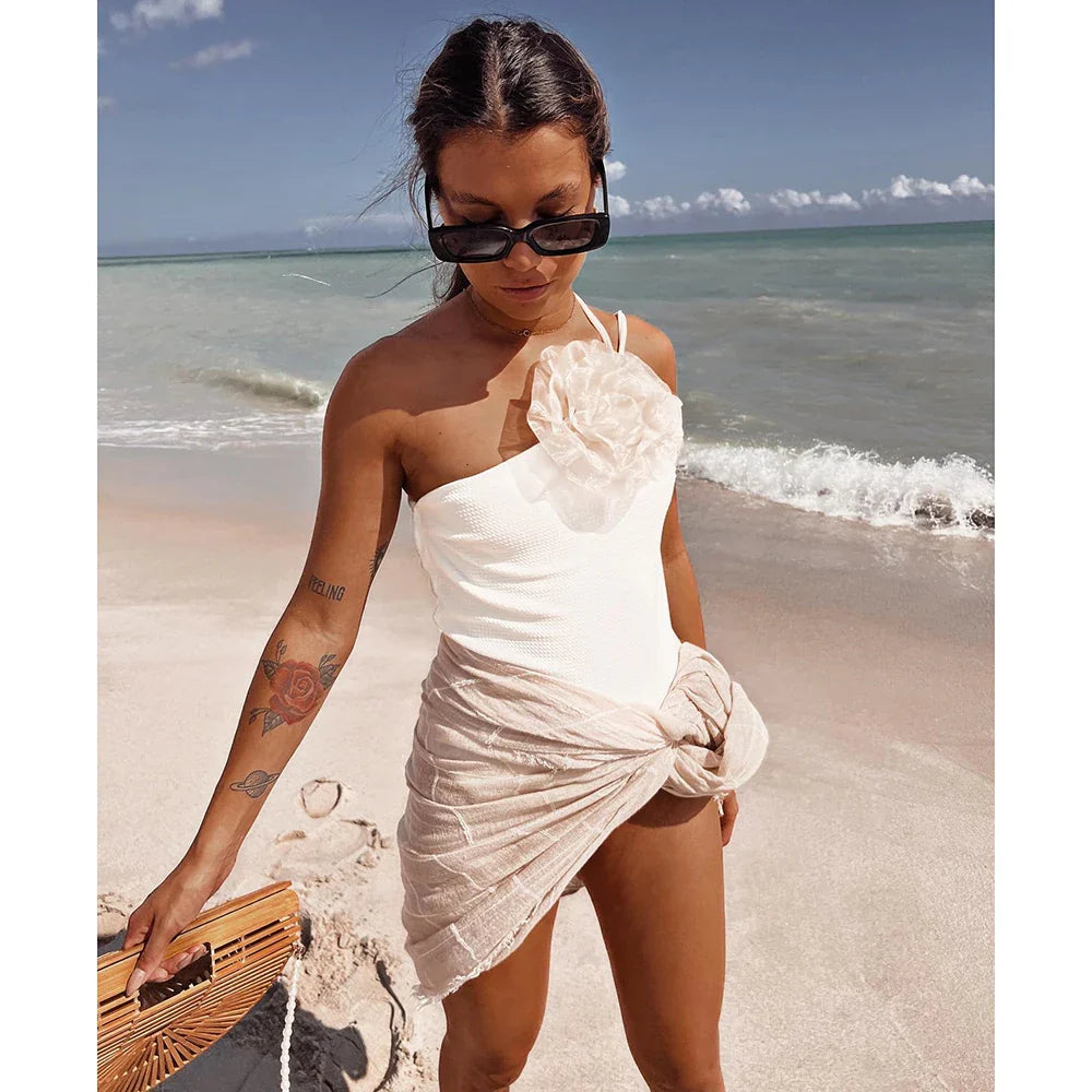 Solid White Lace Up Floral Backless One Piece Swimwear