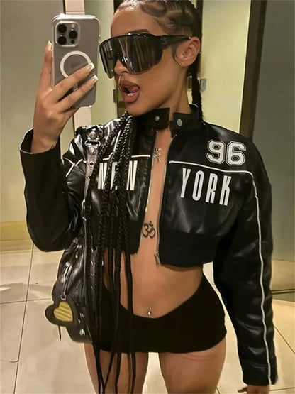 Letter PU Hipster Crop Jacket