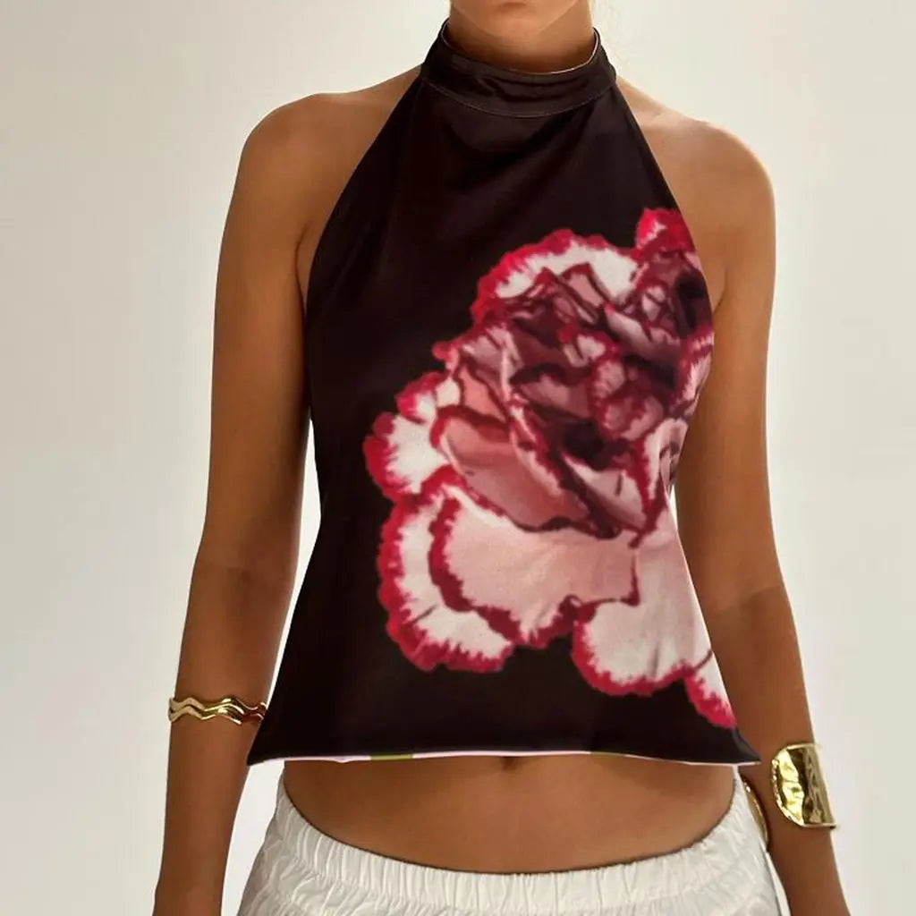 Y2K Button Closure Halter Backless Tie-Dye Cami Top