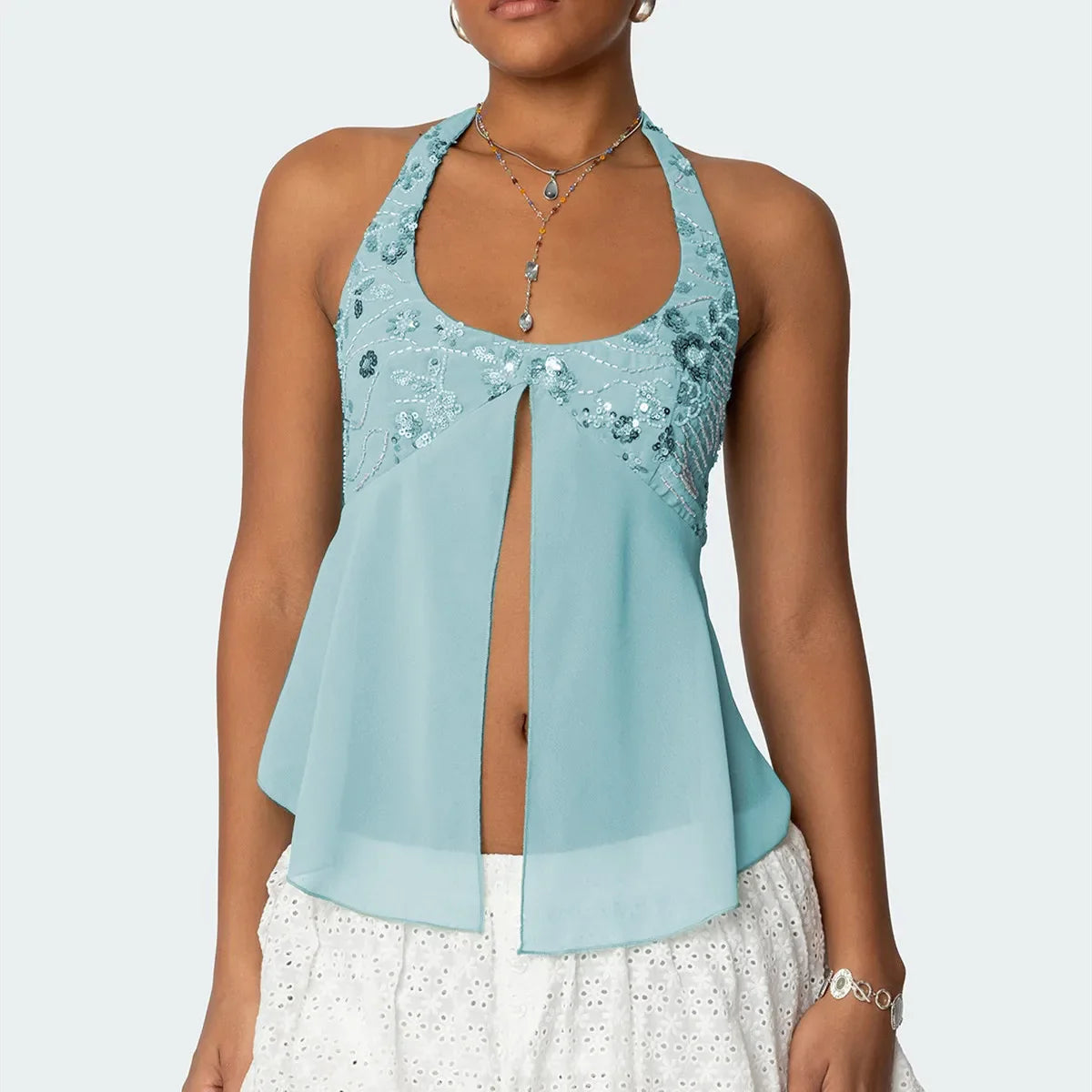 Sequin Chiffon Mesh Halter Backless Sheer Top