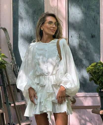 Shiny Pleated Full Sleeve Round Neck Lace Up Work Dress