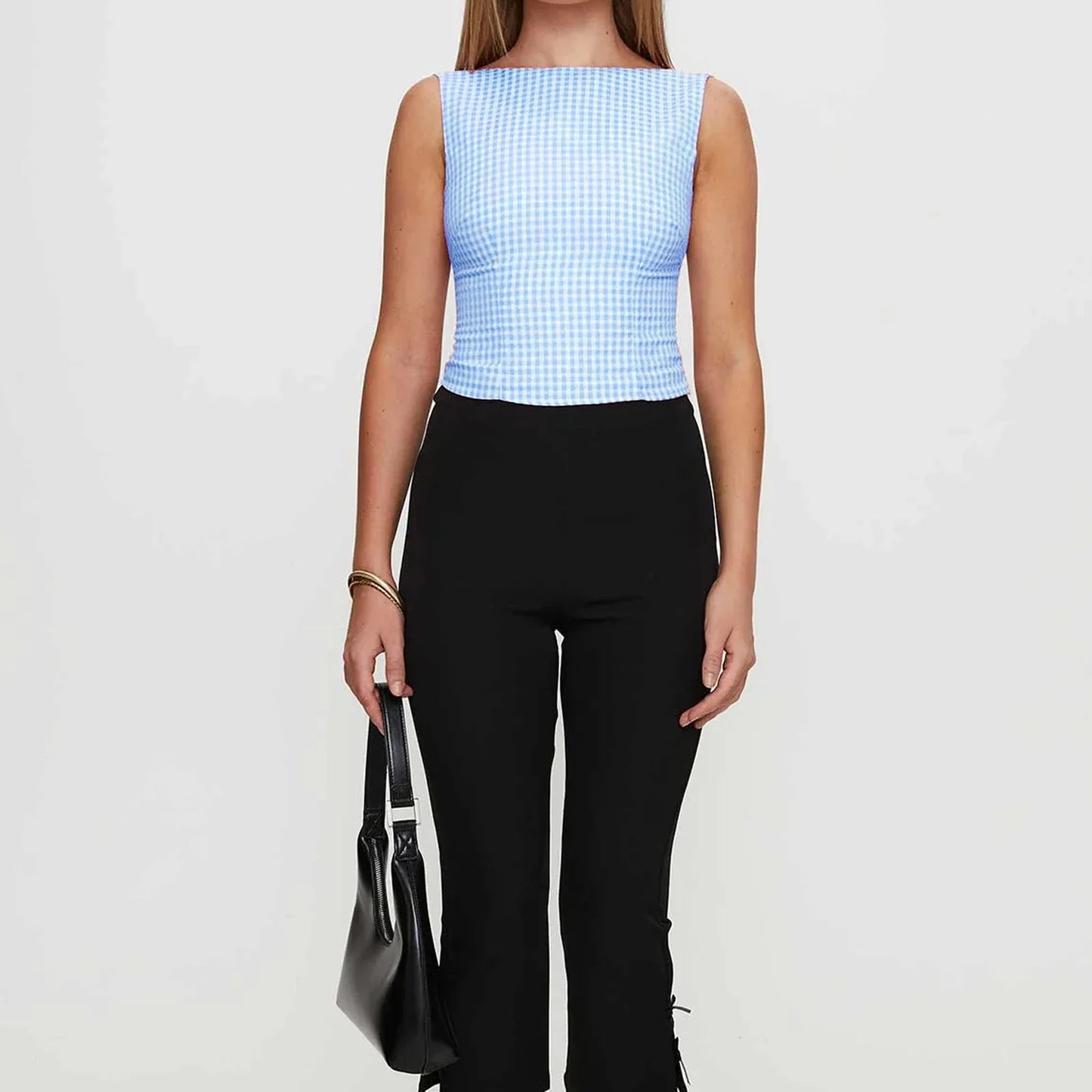 Y2K Cute Open Back Bow Decor Slim Fit Plaid Cami Top