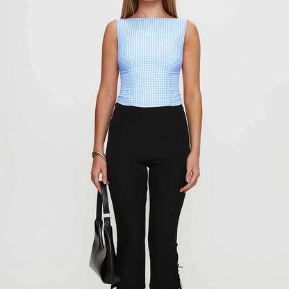 Y2K Cute Open Back Bow Decor Slim Fit Plaid Cami Top