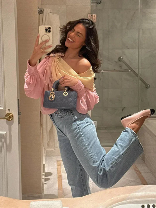 Pink Gradient Chiffon Pleated Blouse