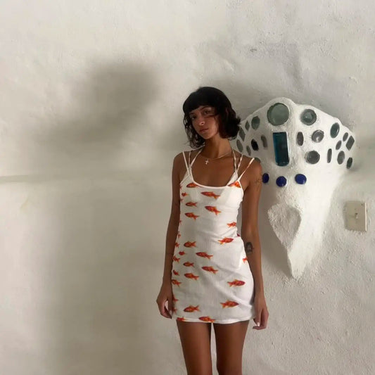 Spaghetti Strap Sheath Mini Goldfish Pattern Slip Dress