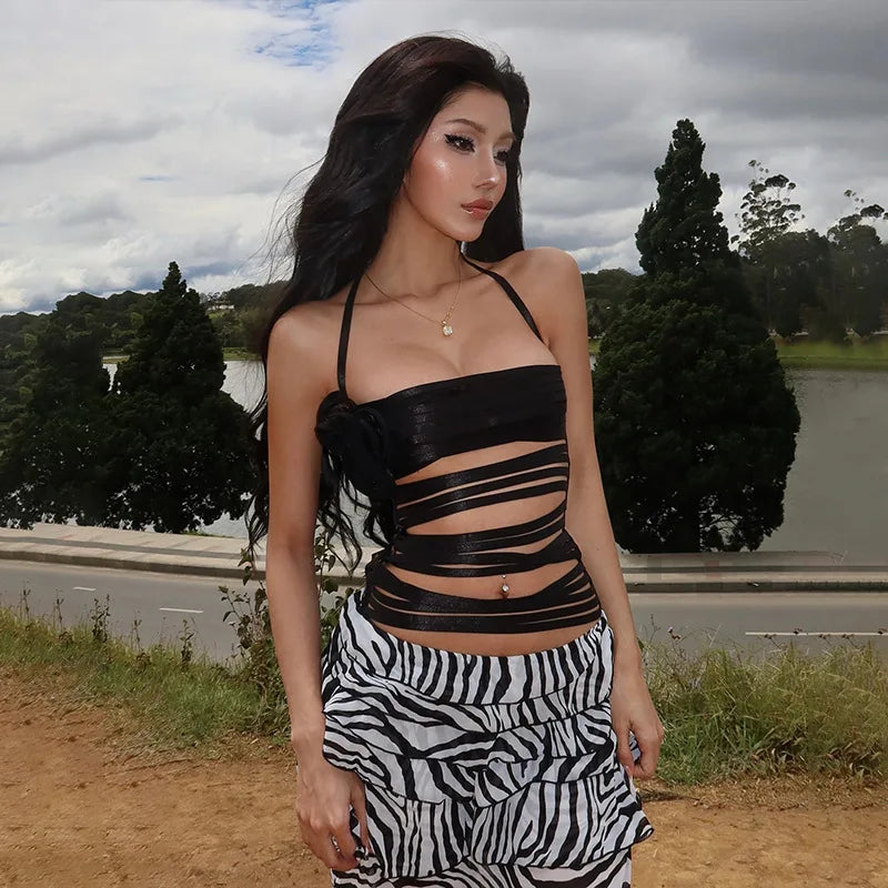 Sexy Solid Applique Backless Y2K Cami Top