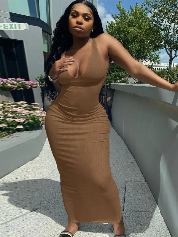 Ribbed Stripe Sleeveless V-neck Midi Dress