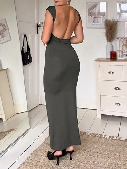 Solid Backless Straight Midi Dress