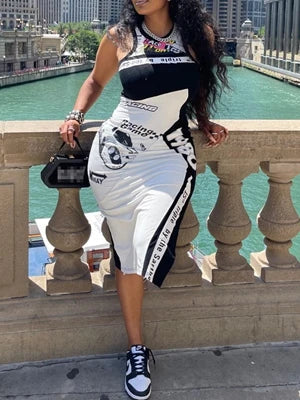 Letter Print O-neck Split Midi Dress