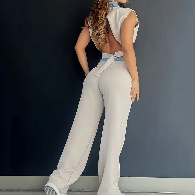 Patchwork V-Neck Backless Suit