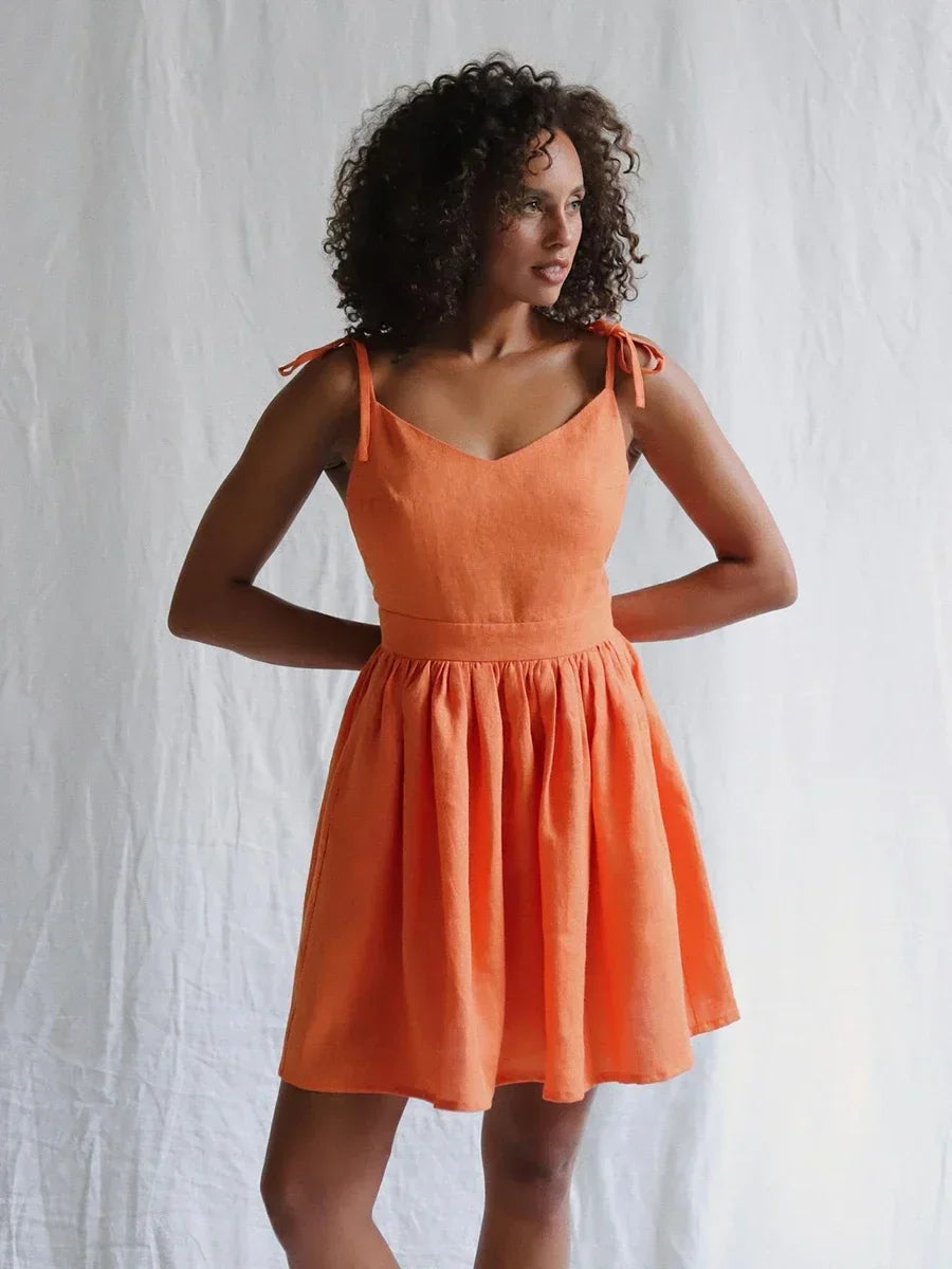 V Neck Spaghetti Strap Cotton Mini Dress