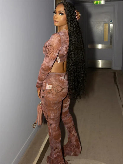 Print Mesh Flared Two Piece Pants Set