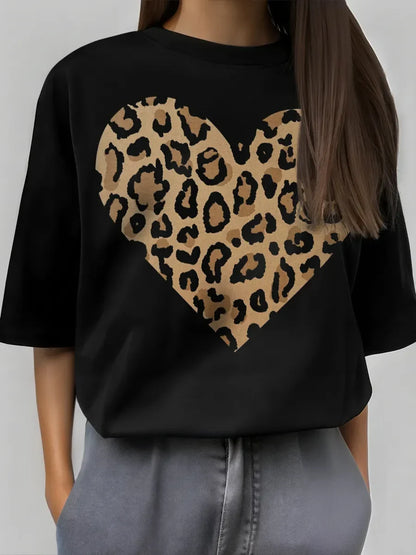 Leopard Heart Print Cotton T-shirt