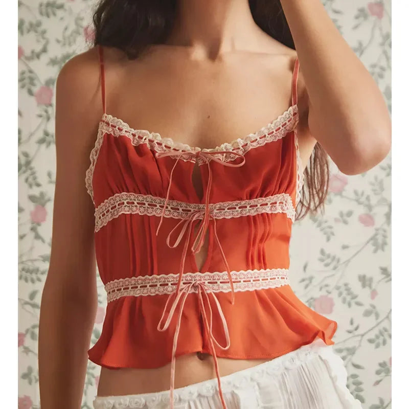 Sheer Mesh Lace Strap V Neck Cami Top