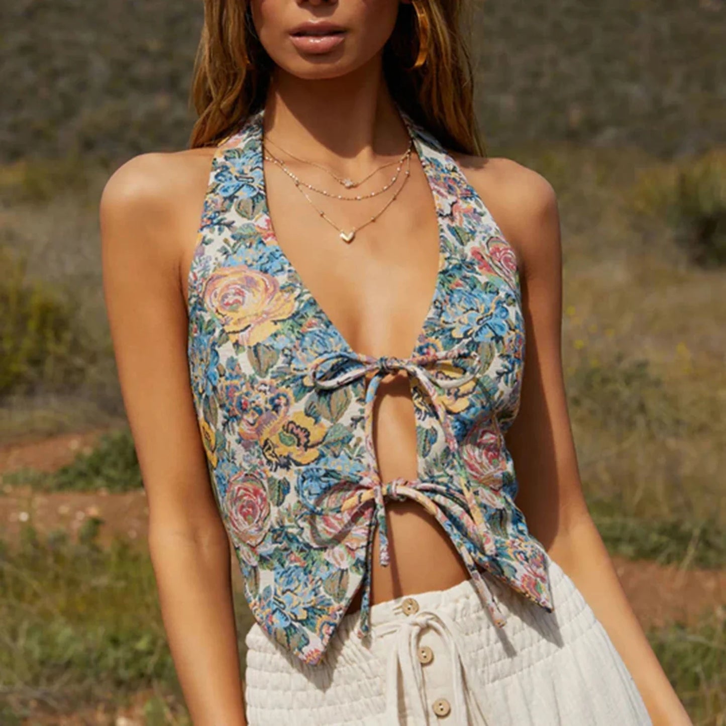 Fairycore Tie Up Front Vintage Plaid Cami Top