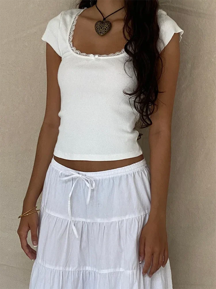 Lace Trim Knitted Cottage Baby Tee Crop Top