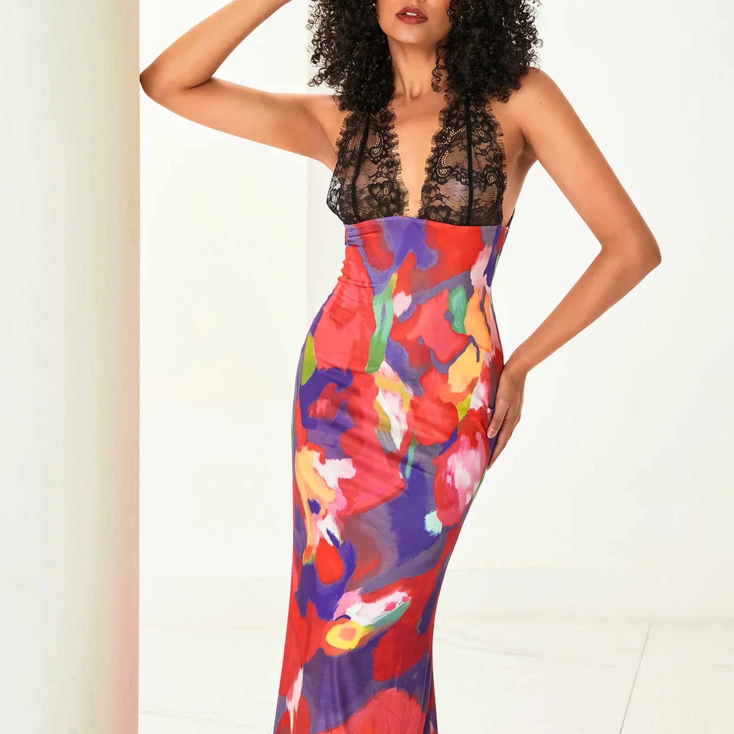 Lace Trim Leopard Patchwork Floral Dress