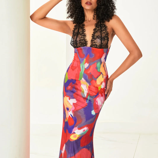 Lace Trim Leopard Patchwork Floral Dress