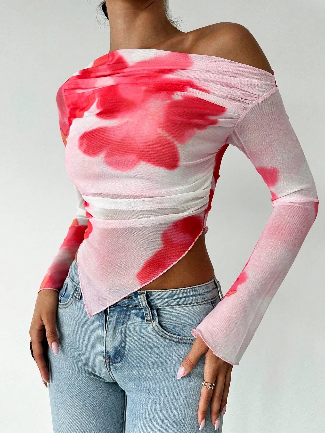 Oblique Tie-Dye Long Sleeve Sheer Top