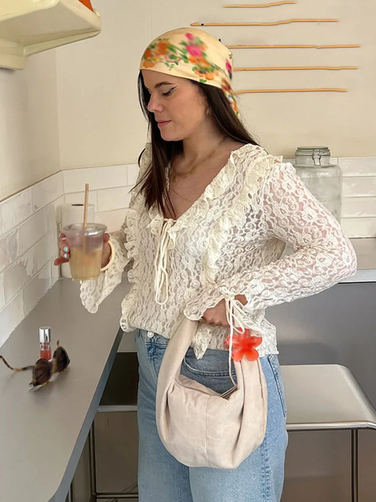 Women Spring Fashion V-neck Solid Lace Laminated Blouse