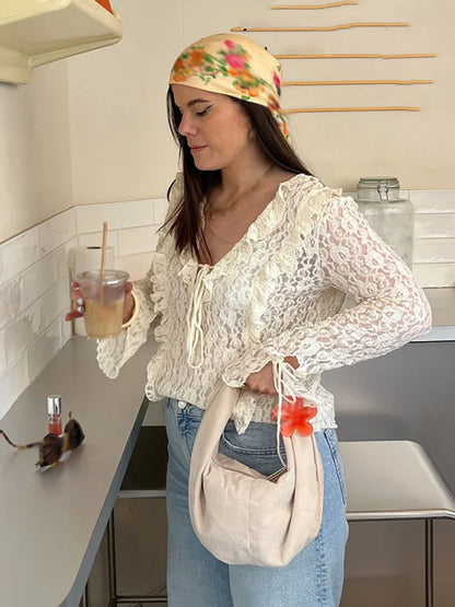 Women Spring Fashion V-neck Solid Lace Laminated Blouse