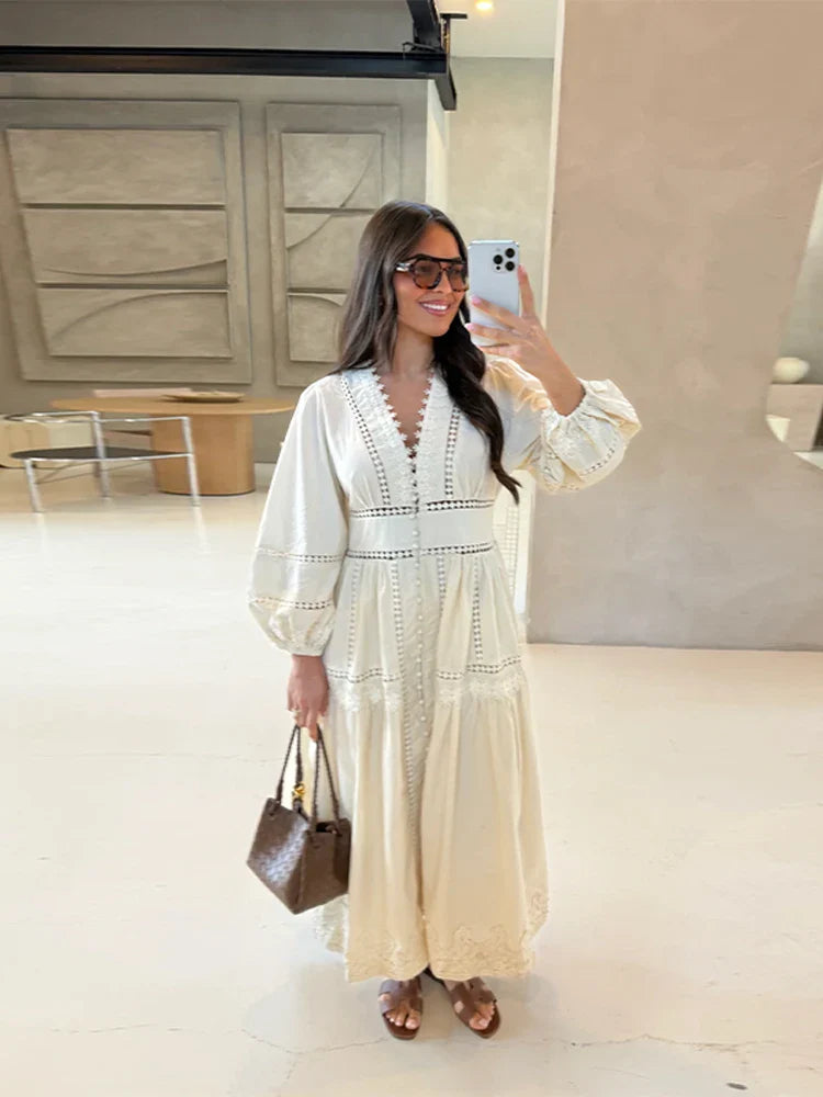 Hollow Lace V-neck Patchwork Maxi Midi Dress