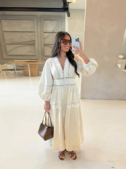 Hollow Lace V-neck Patchwork Maxi Midi Dress