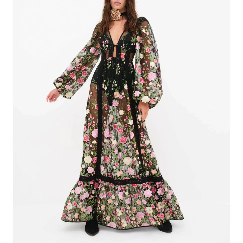 Sheer Lace Embroidery Floral Dress