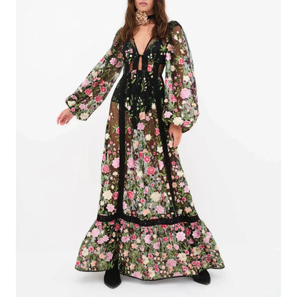 Sheer Lace Embroidery Floral Dress