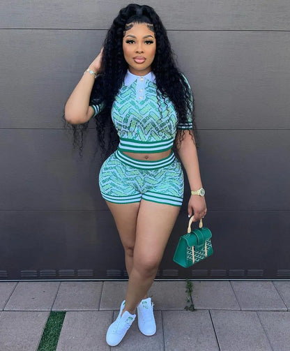 Digital Print Turn Down Collar Top Two Piece Shorts Set