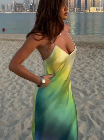 Gradient Cami V-neck Backless Maxi Dress